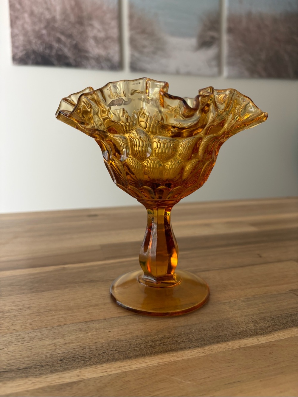 Vintage Fenton Amber Ruffled Glass Compote Dish